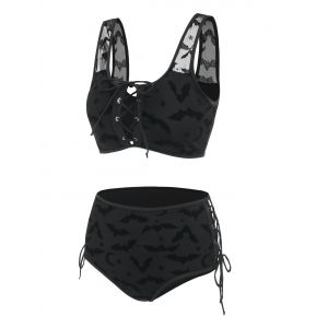 

Bat Crescent Mesh Lace-up Padded Bikini Set, Black