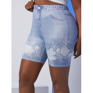 

Plus Size High Waist 3D Floral Jean Print Short Leggings, Blue