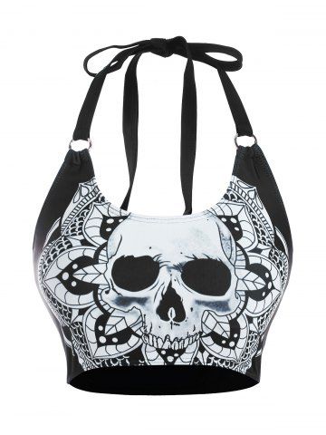 Skull Flower Print O Ring Tank Bikini Top - BLACK - XXL