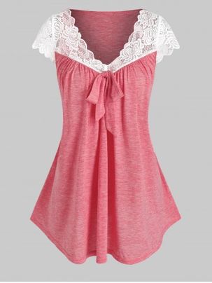Flower Lace Insert Bowknot Detail Heathered T-shirt