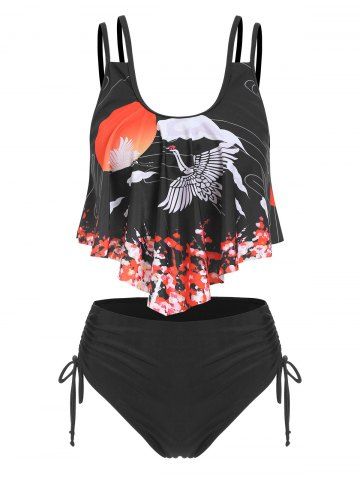 Sun Crane Print Padded Cinched Tankini Set - BLACK - M