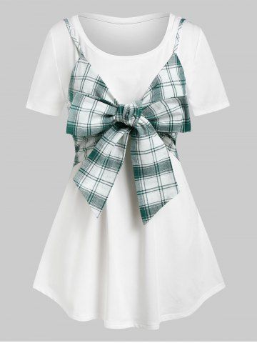 Plus Size Plaid Bowknot Crop Top and Long Tunic Tee Set