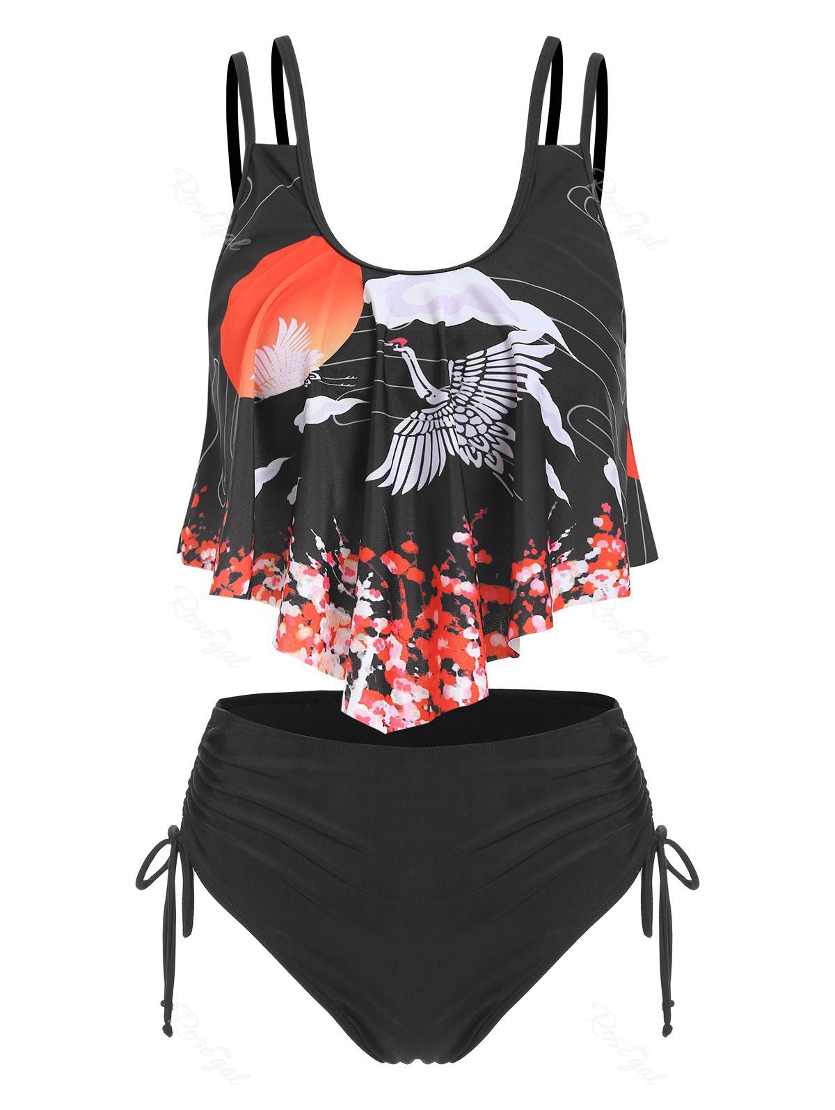 Fancy Sun Crane Print Padded Cinched Tankini Set  