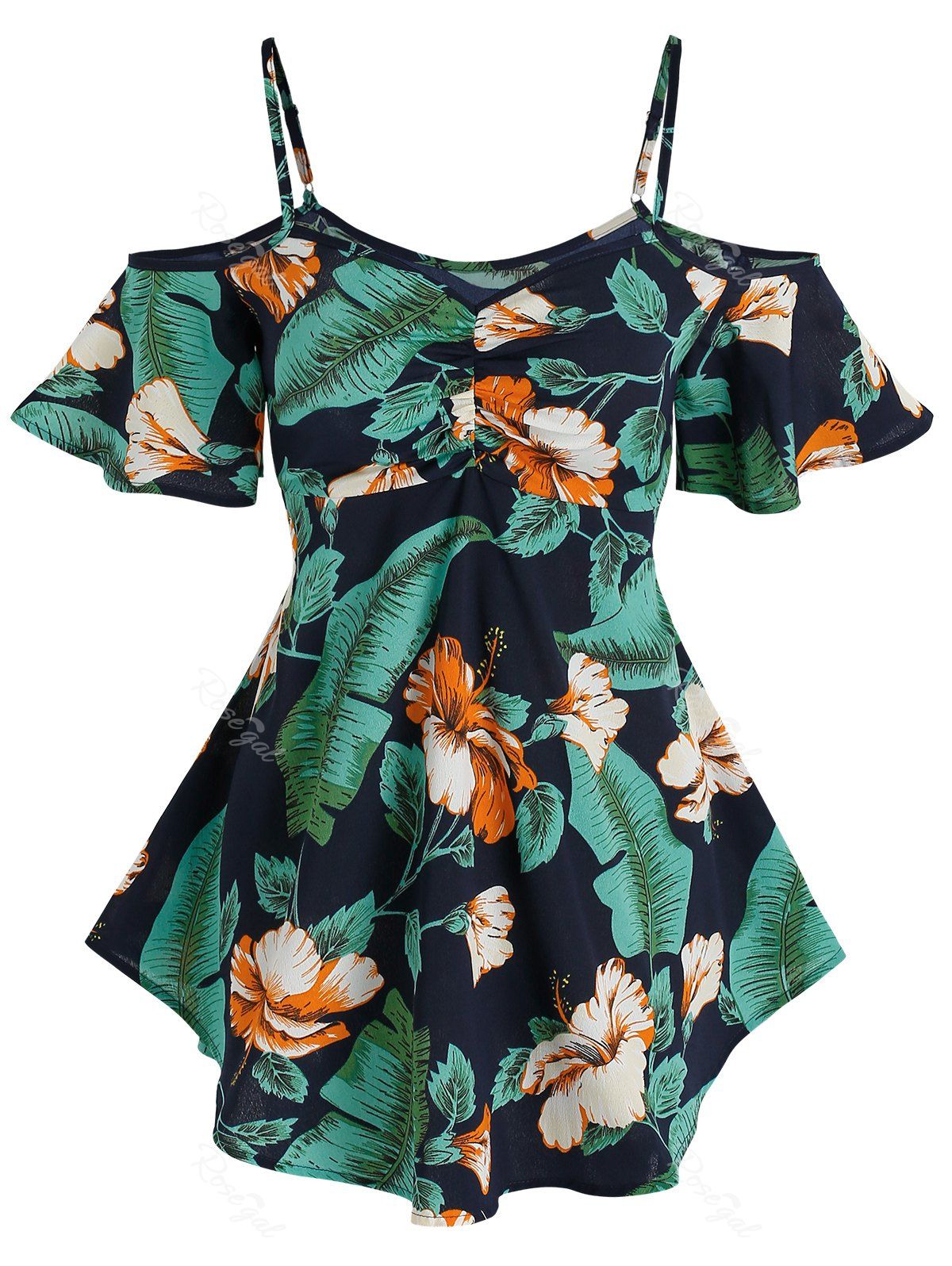 Outfit Cold Shoulder Tropical Flower Print T-shirt  