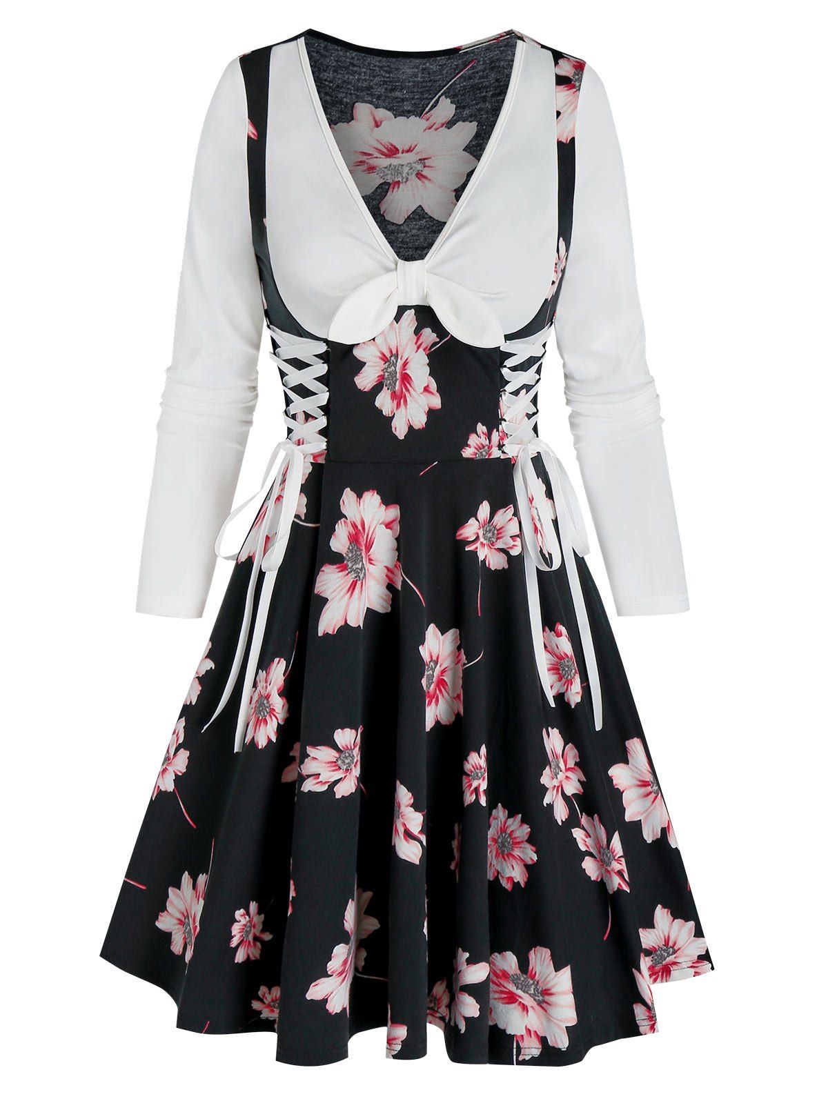 

Floral Print Long Sleeve Lace-up Twofer Dress, Black
