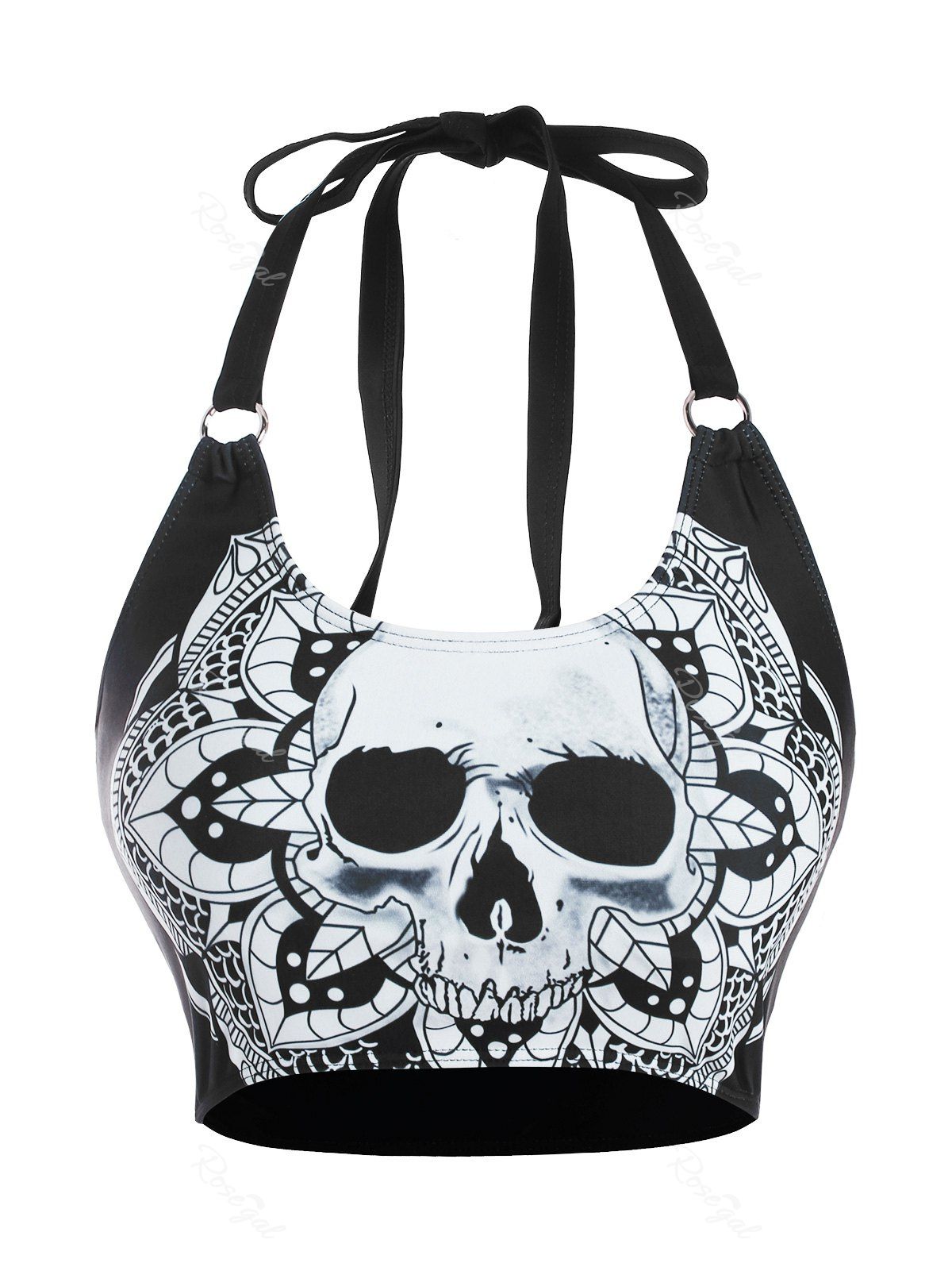 Latest Skull Flower Print O Ring Tank Bikini Top  
