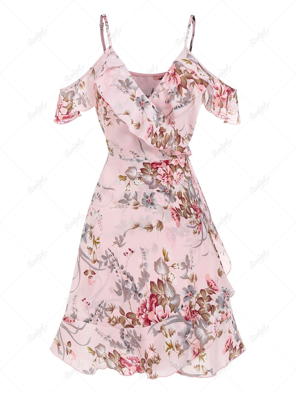 Robe Enveloppée Florale Imprimée à Epaule Dénudée à Volants Rose Léger  L