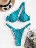 Ribbed One Shoulder Underwire Thong Bikini Swimwear -  