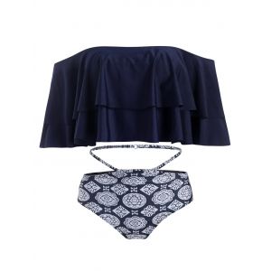 

Ethnic Flower Cutout Flounce Off Shoulder Bikini Swimwear, Deep blue