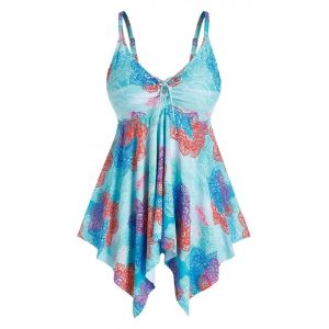 

Plus Size Printed Cinched Handkerchief Tankini Swimwear, Light blue