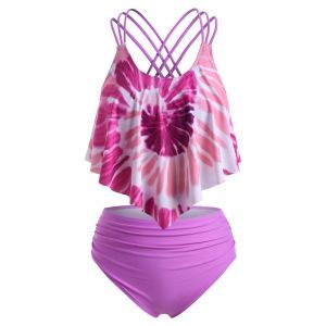 

Plus Size Tie Dye Cross Straps High Waisted Tankini Swimwear, Light purple