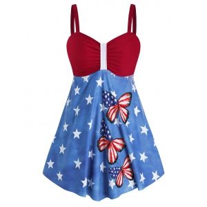 

Plus Size American Flag Butterfly Print Padded Tankini Set, Multi