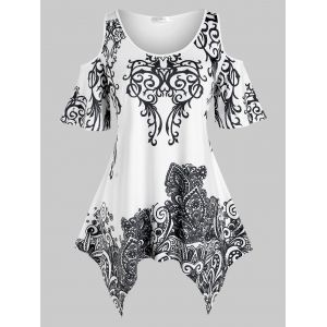 

Plus Size Printed Open Shoulder Handkerchief Tunic Tee, White