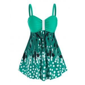 

Plus Size Paisley Polka Dot Print Padded Tankini Set, Green