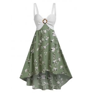 

O Ring Floral Print High Low Midi Dress, Deep green