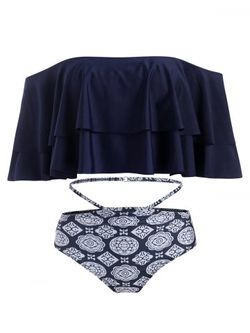 Ethnic Flower Cutout Flounce Off Shoulder Bikini Swimwear - DEEP BLUE - L