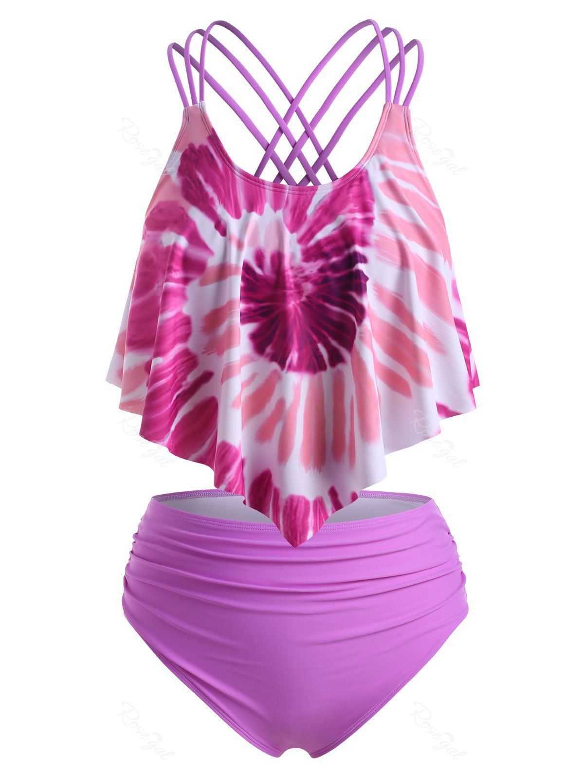 Store Plus Size Tie Dye Cross Straps High Waisted Tummy Control Tankini Swimwear  