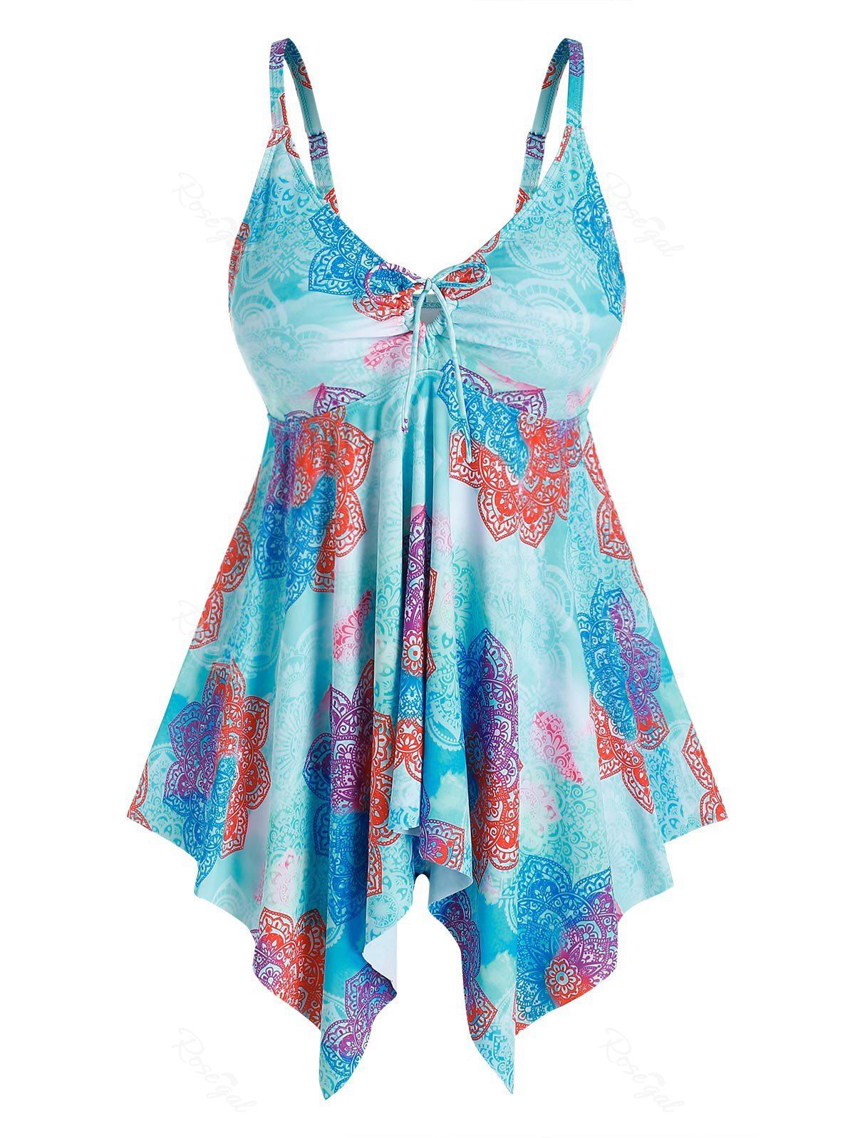 

Plus Size Printed Cinched Handkerchief Tankini Swimwear, Light blue