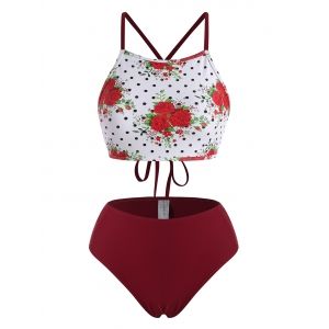 

Polka Dot Flower Cross High Rise Tankini Swimwear, Deep red