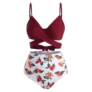 

Criss Cross Floral Printed Tummy Control Bikini Swimwear, Deep red