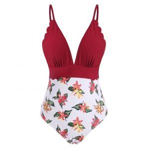 

Flower Print Scalloped Backless One-piece Swimsuit, Deep red