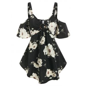 

Floral Print O Ring Cold Shoulder Blouse, Black