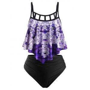 

Plus Size Plaid Ladder Cutout Draped Flounce Tankini Swimwear, Purple