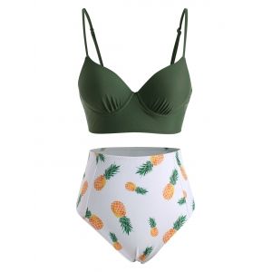 

Pineapple Print Moulded Mix and Match Bikini Swimwear, Deep green