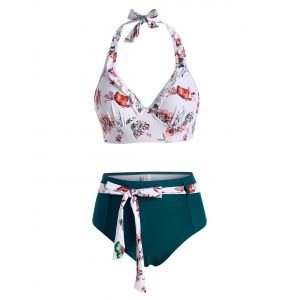 

Flower Ruffle Belted Halter High Waisted Bikini Swimwear, Deep green