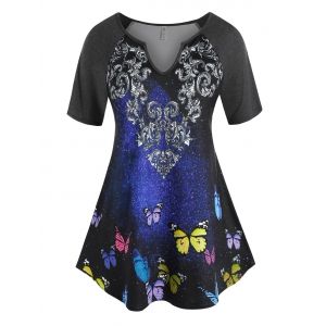 

Plus Size Butterfly Galaxy V Notch Raglan Sleeve Tee, Multi