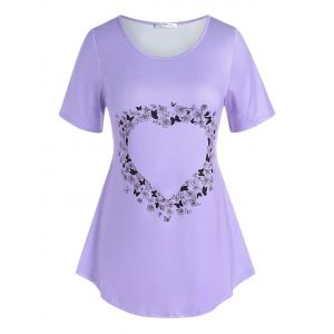 

Plus Size Heart Floral Butterfly Pattern T Shirt, Light purple