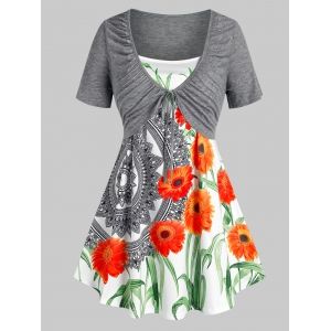 

Plus Size Front Tie Ruched Tee and Floral Camisole Set, Gray