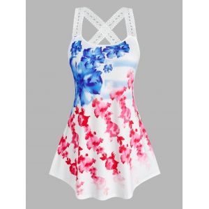 

Plus Size Watercolor Flower Crochet Cross Back Tunic Tank Top, White