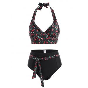 

Polka Dot Cherry Print Belted Halter Ruffle Moulded Tankini Swimwear, Black