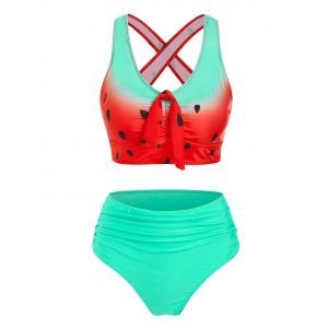 

Watermelon Print Cut Out Ruched Padded Tankini Set, Light green