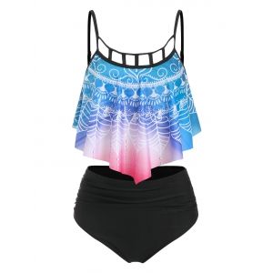 

Leaves Print Cut Out Pointed Hem Tankini Set, Multi