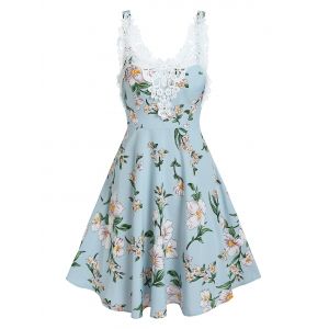 

Lace Applique Floral Print Dress, Light blue