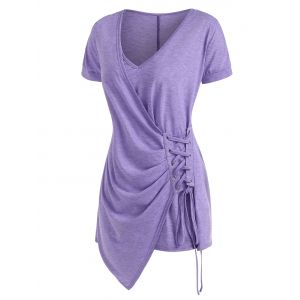 

Plus Size Asymmetric Lace-up Overlap Cold Shoulder Tee, Light purple