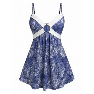 

Plus Size Denim Print Ring Backless Cami Tank Top, Multi