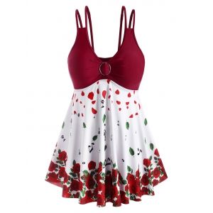 

Plus Size Valentine Flower Dual Strap Skirted Tankini Swimwear, Deep red