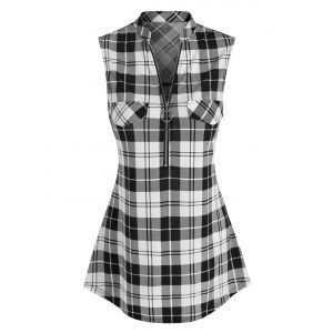 

Half Zip Plaid Print Tank Top, Black