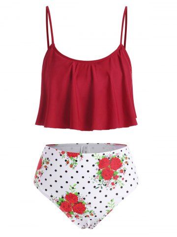 Flower Polka Dot Mix and Match Tankini Swimwear - DEEP RED - L