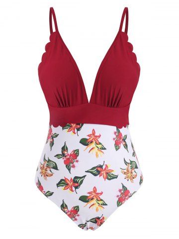 Flower Print Scalloped Backless One-piece Swimsuit - DEEP RED - S