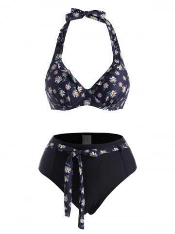 Maillot de Bain Bikini à Imprimé Marguerite Ceinturé à Volants - BLACK - S