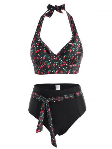 Polka Dot Cherry Print Belted Halter Ruffle Moulded Tankini Swimwear - BLACK - S