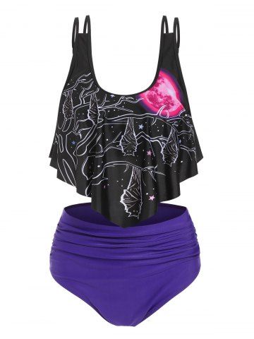 Moon Tree Owl Print Padded Tankini Set - BLACK - XXL