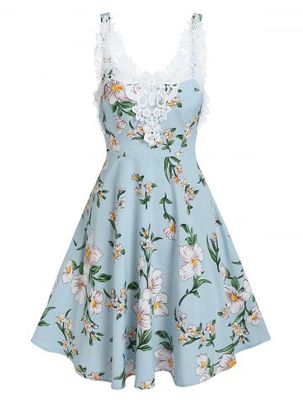 Lace Applique Floral Print Dress