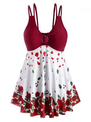 Plus Size Valentine Flower Dual Strap Skirted Modest Tankini Swimwear