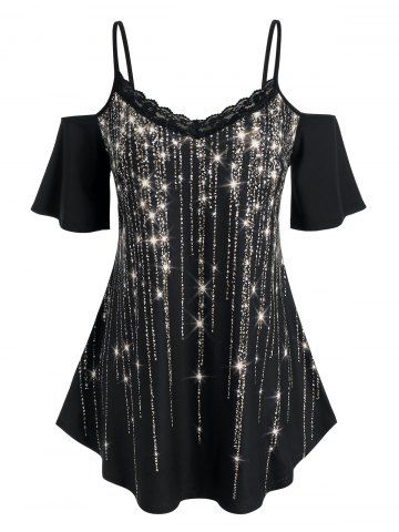 Plus Size Sparkling Fringe Printed Lace Tunic Top