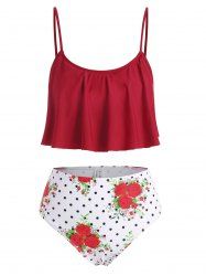 Maillot de Bain Tankini Fleuri à Pois - Rouge foncé S